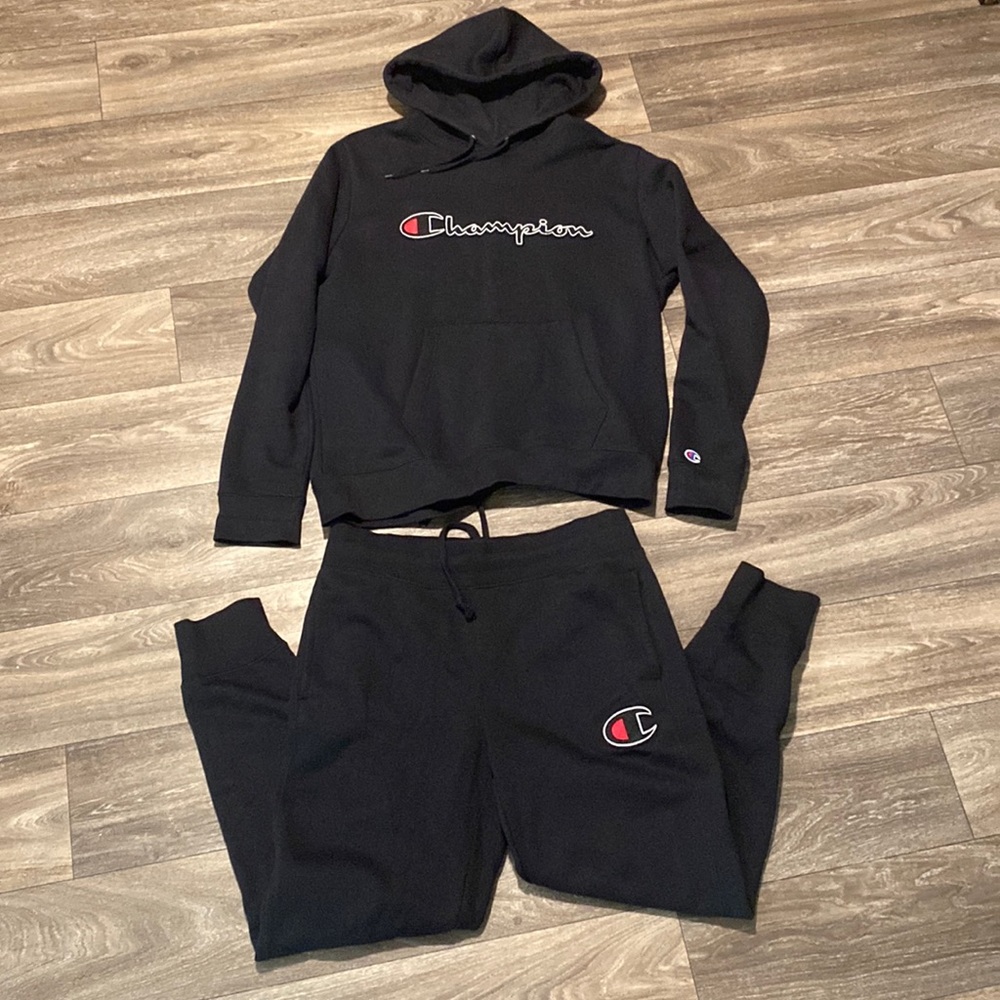 Champion official all black sweat suit. Large hoodie Medium pants patch logos